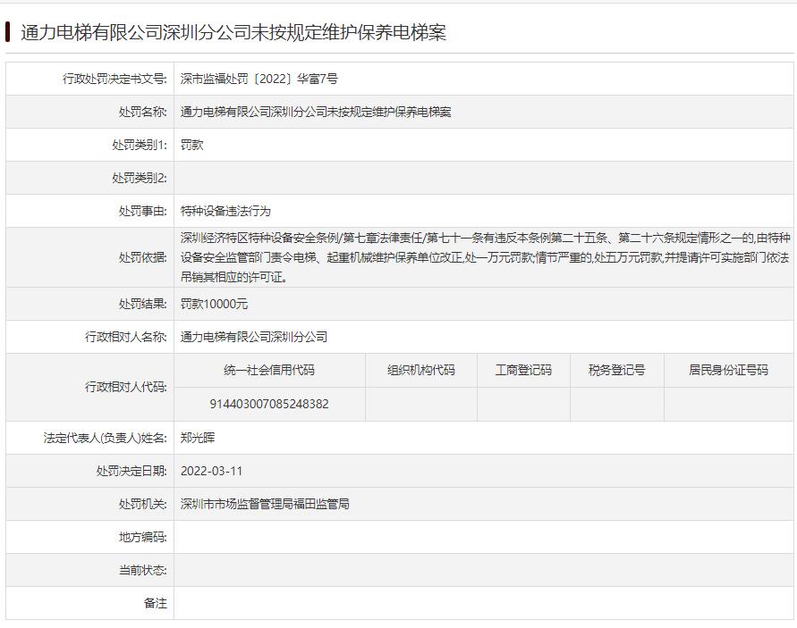 pg麻将胡了爆分技巧 通力电梯深圳分公司违法被罚 未按规定维护保养电梯